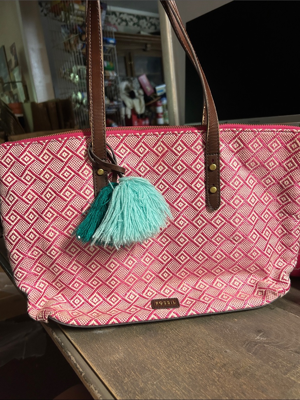 Fossil Pink Patterned Tote with Teal Tassel and Brown Straps